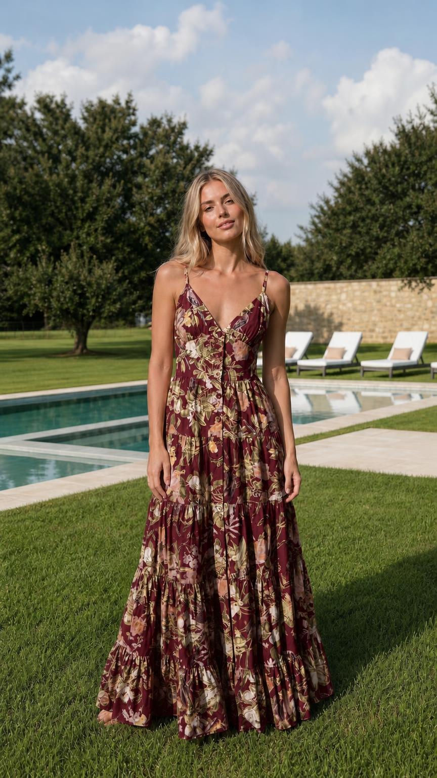 Model wearing burgundy floral print maxi dress
