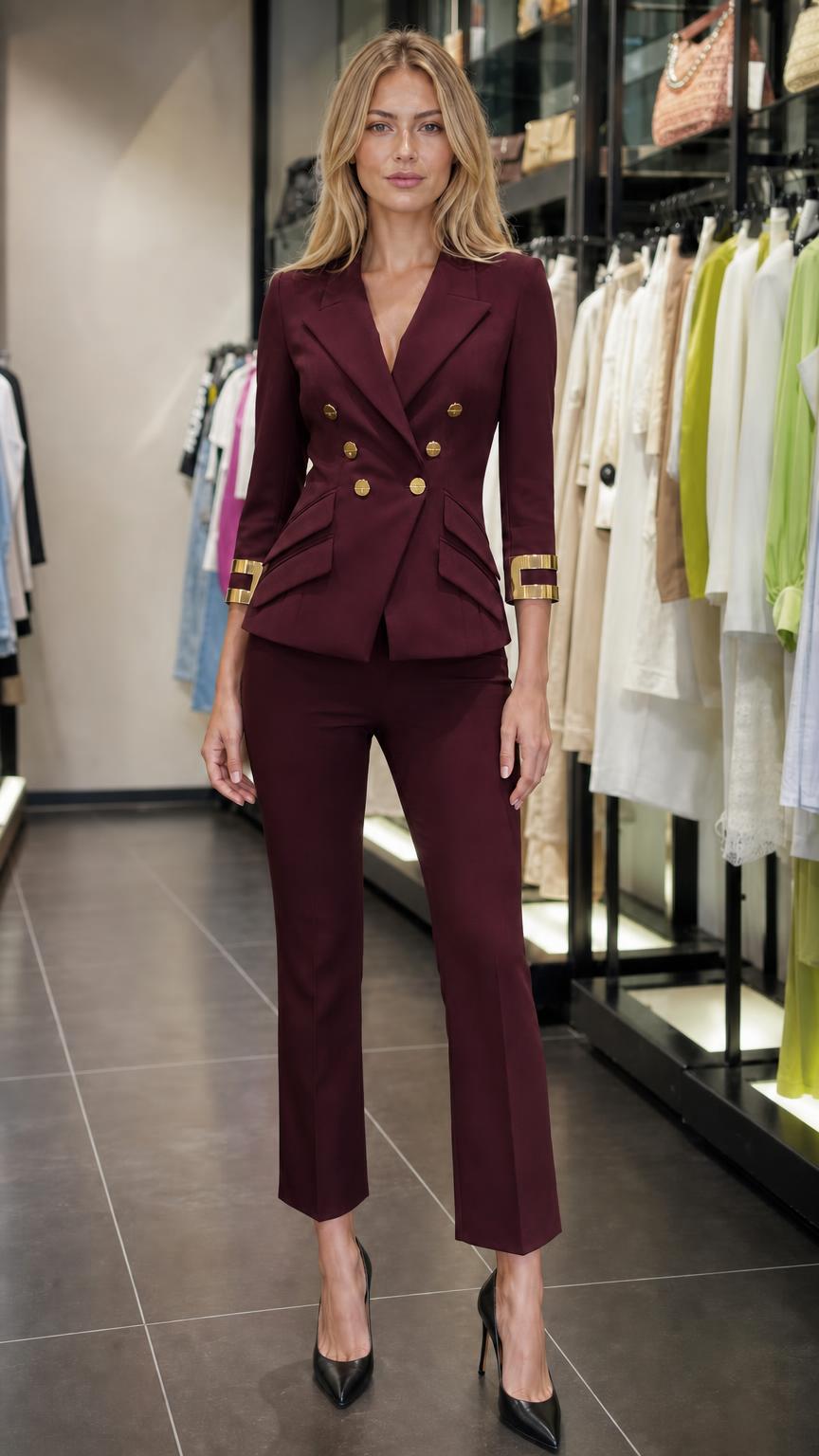 Front view of a woman wearing a burgundy double-breasted blazer and trouser suit set