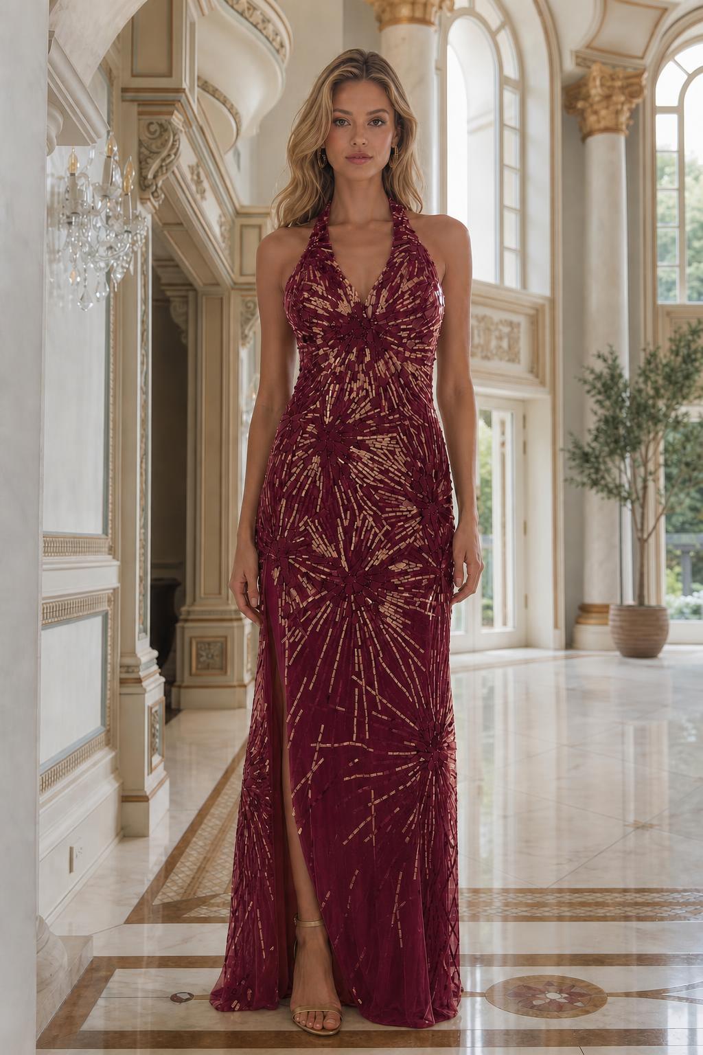 Front view of burgundy beaded halter evening gown