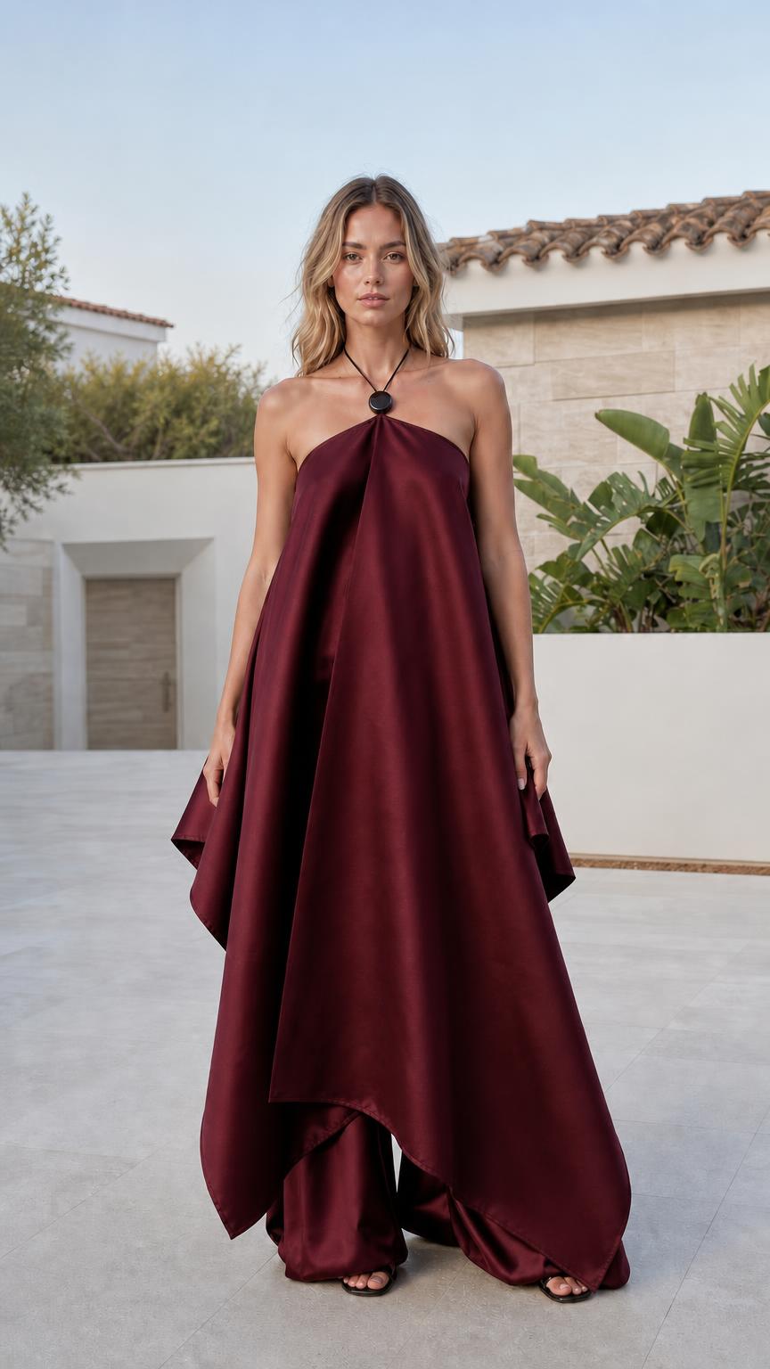 Front view of burgundy halter satin jumpsuit