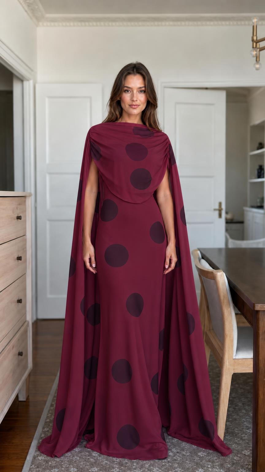 Burgundy polka dot cape maxi dress front view