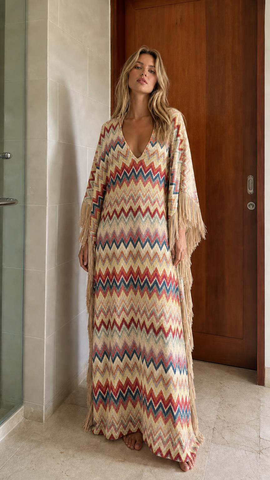 Model wearing beige-based chevron fringe maxi kaftan dress