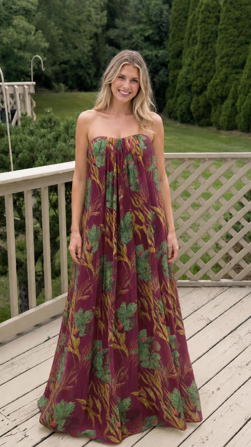 Model wearing burgundy floral strapless maxi dress