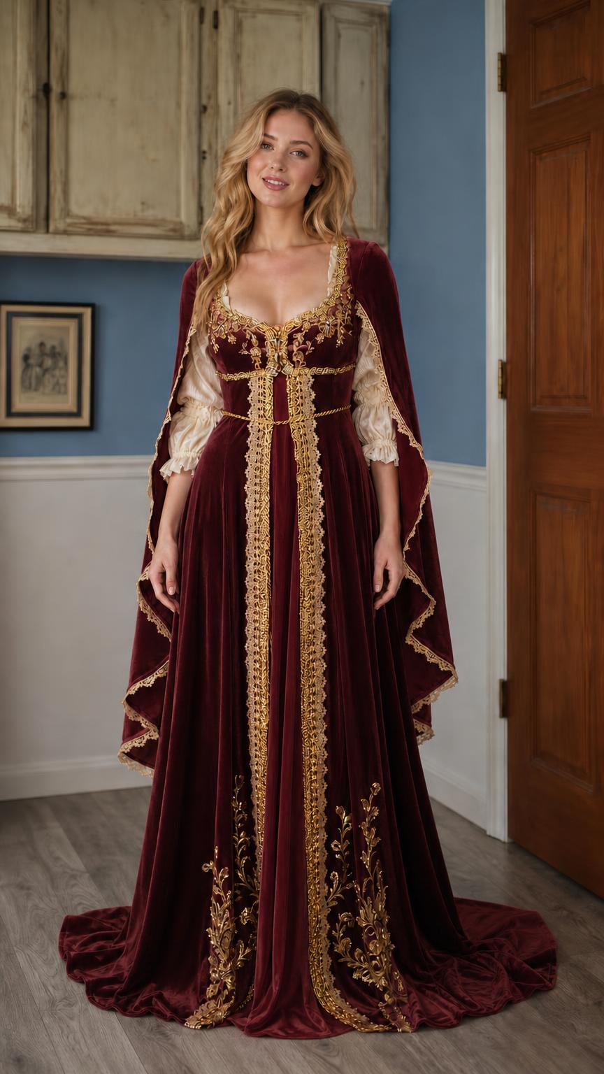 Burgundy Renaissance velvet gown with gold trim