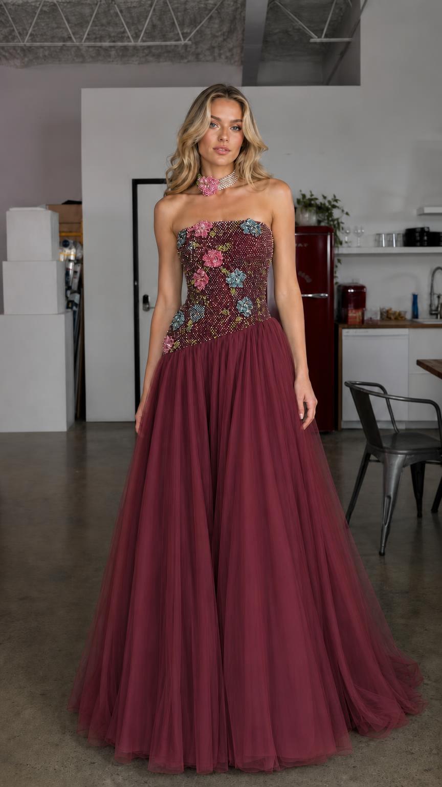 Burgundy variant of the crystal embellished strapless tulle evening gown