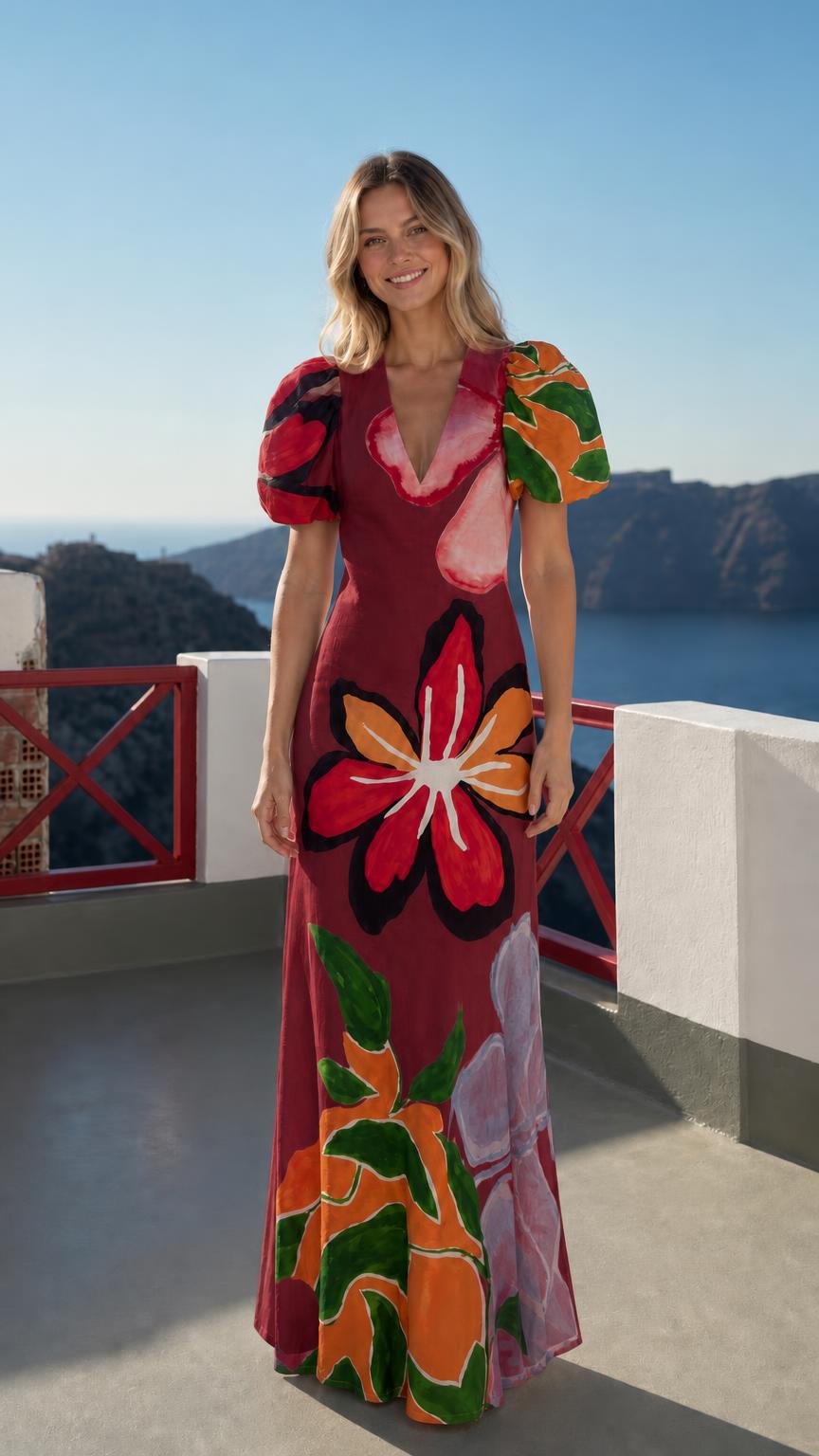 Model wearing burgundy floral puff sleeve maxi dress