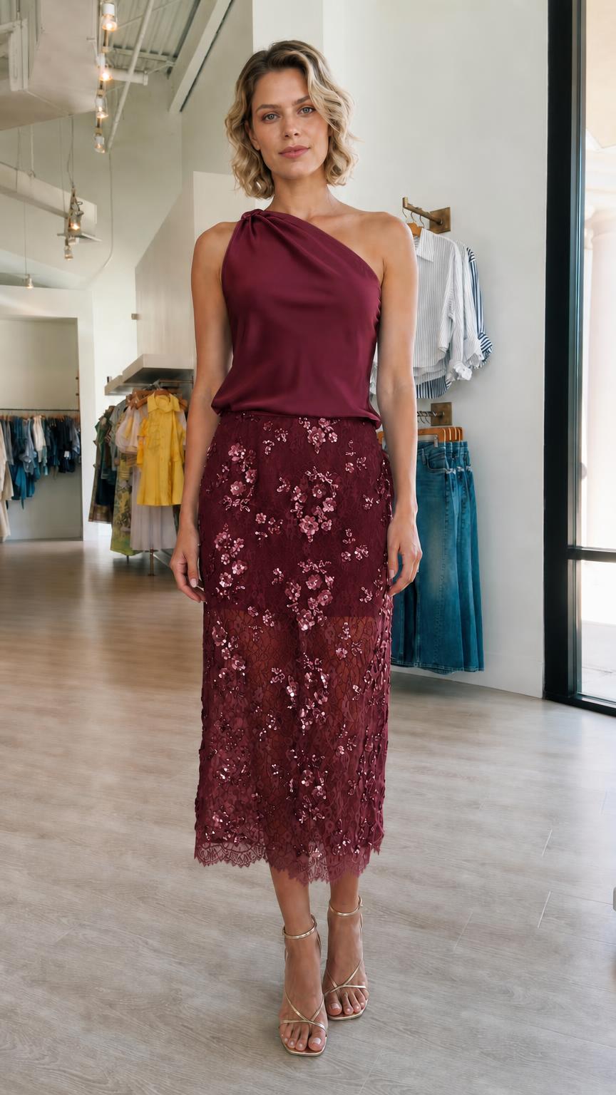 Model wearing burgundy one-shoulder top and matching skirt
