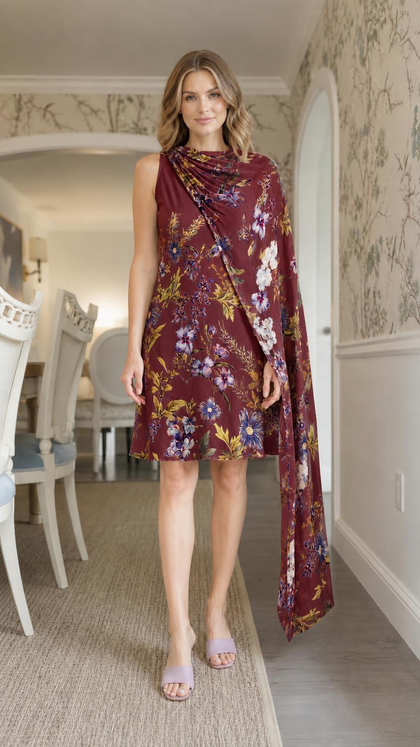 Model wearing burgundy floral print cape shift dress