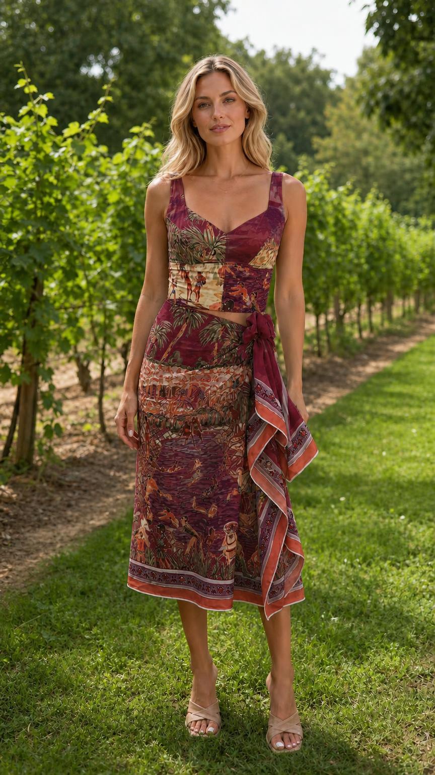 Woman wearing burgundy scenic print crop top and midi skirt set