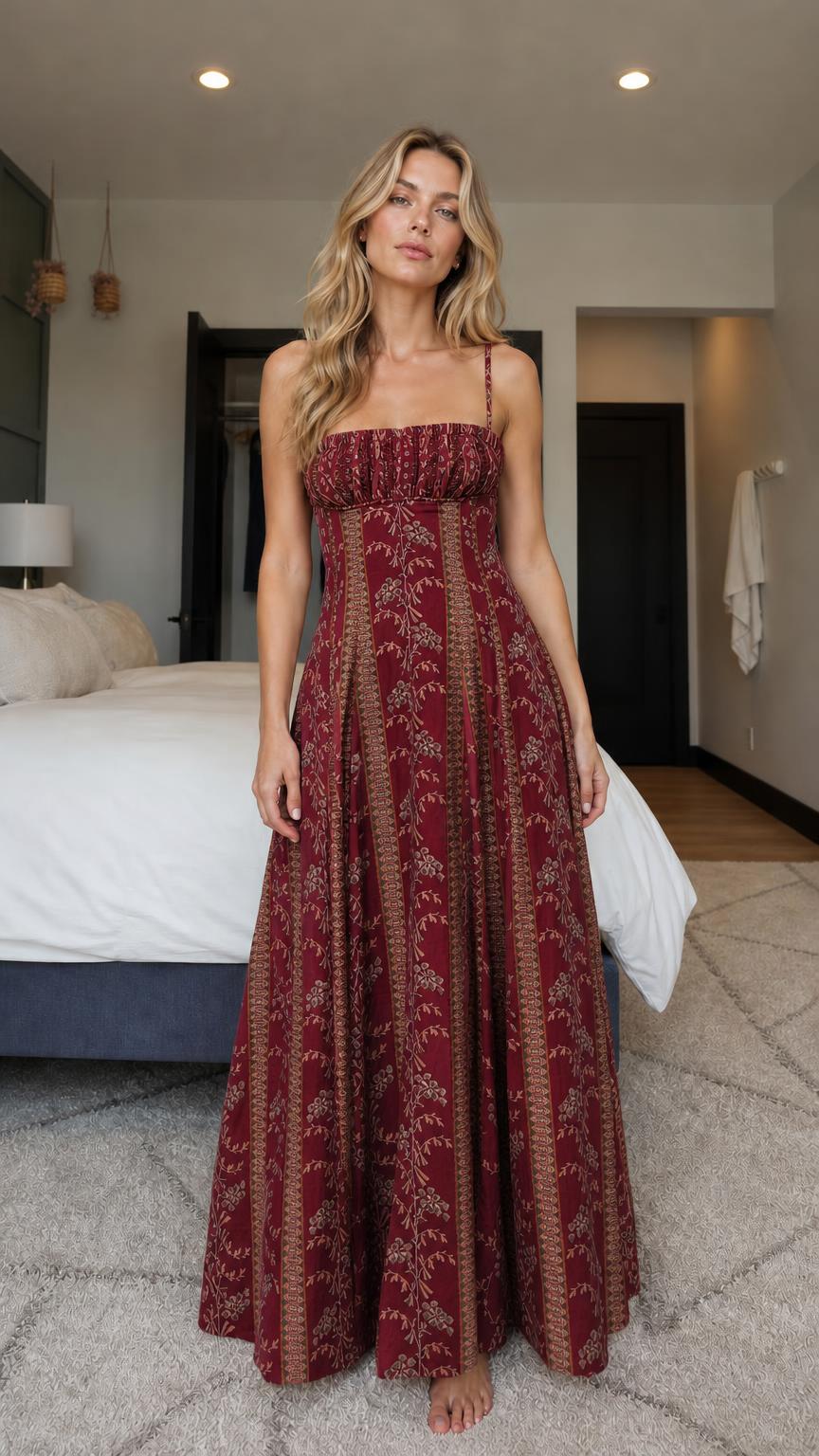 Model wearing burgundy color variant of floral smocked maxi dress