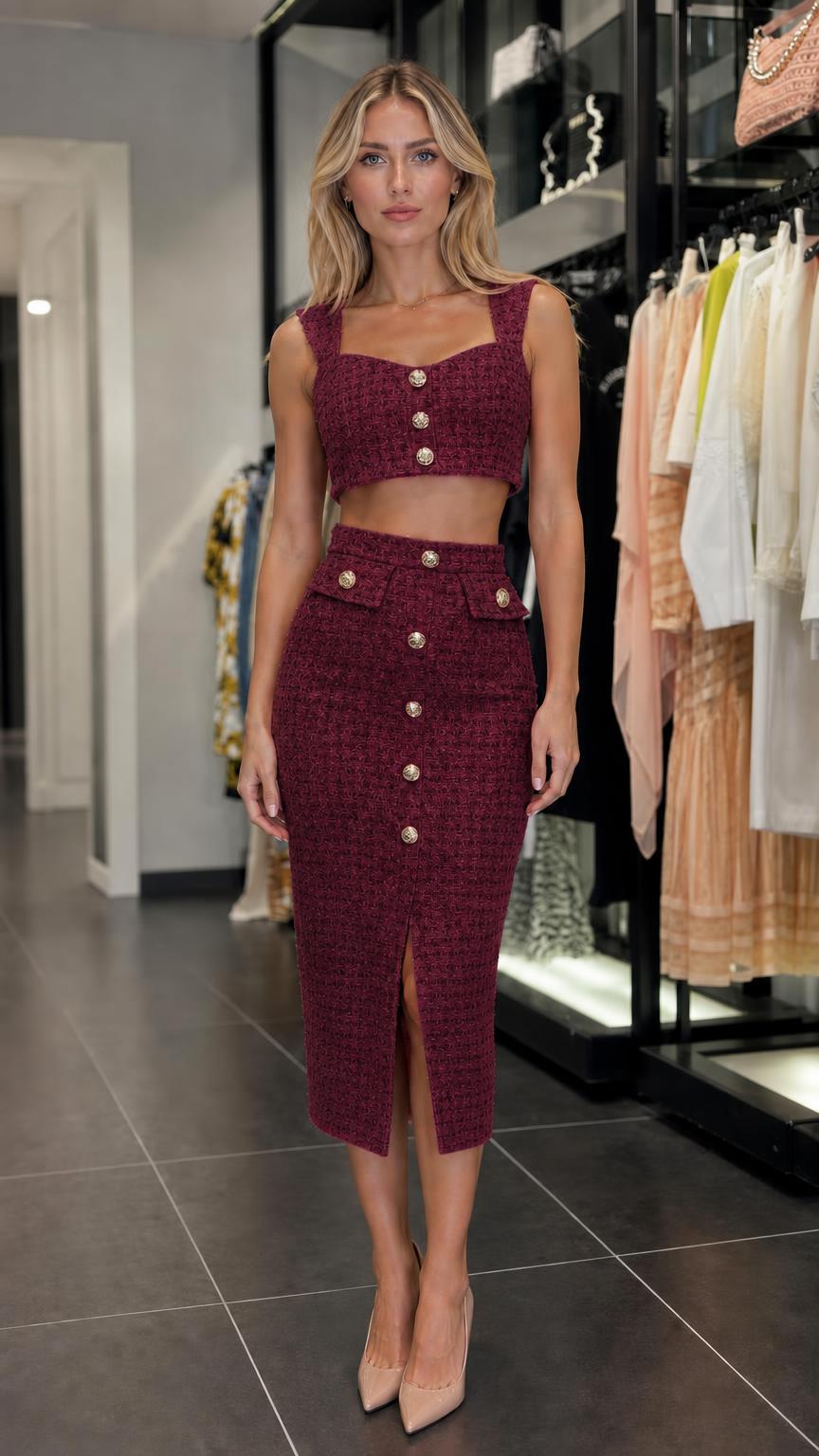 Front view of model wearing burgundy tweed set