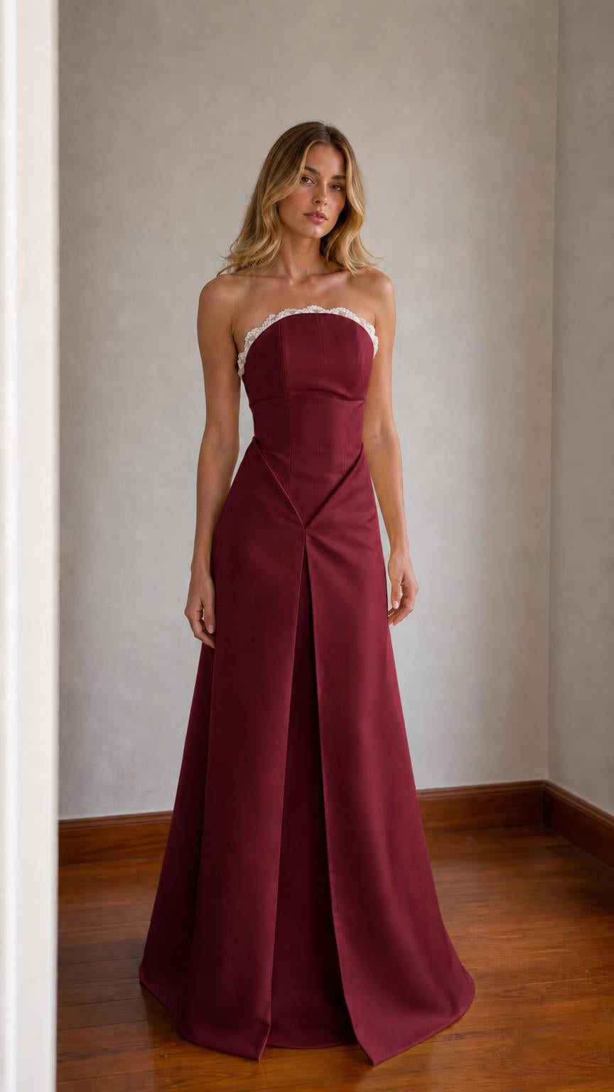 Elegance Strapless Lace Trim Satin Maxi Dress in burgundy