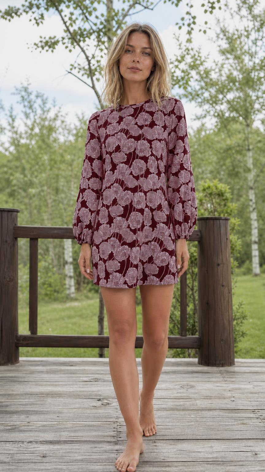 Front full view of woman wearing burgundy floral shift dress