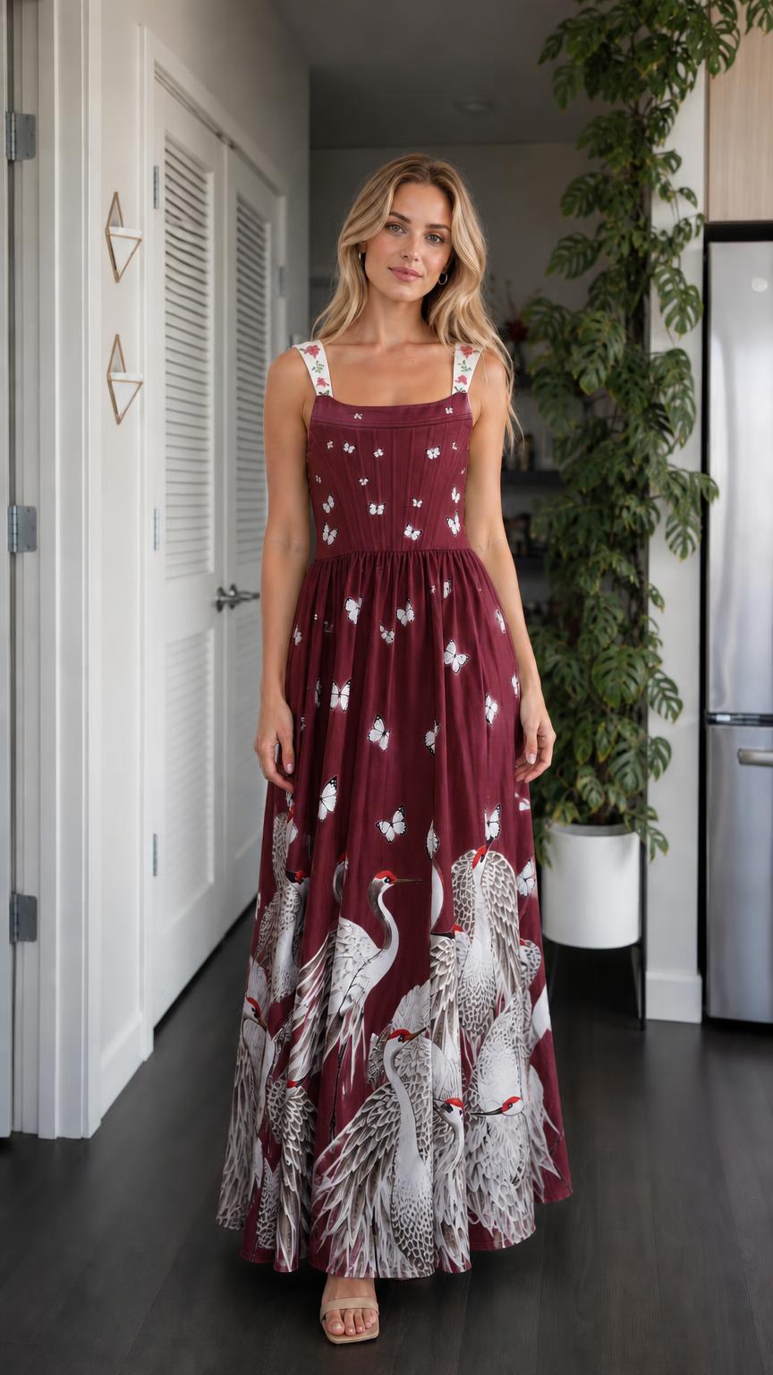 Model wearing burgundy color variant of crane maxi dress