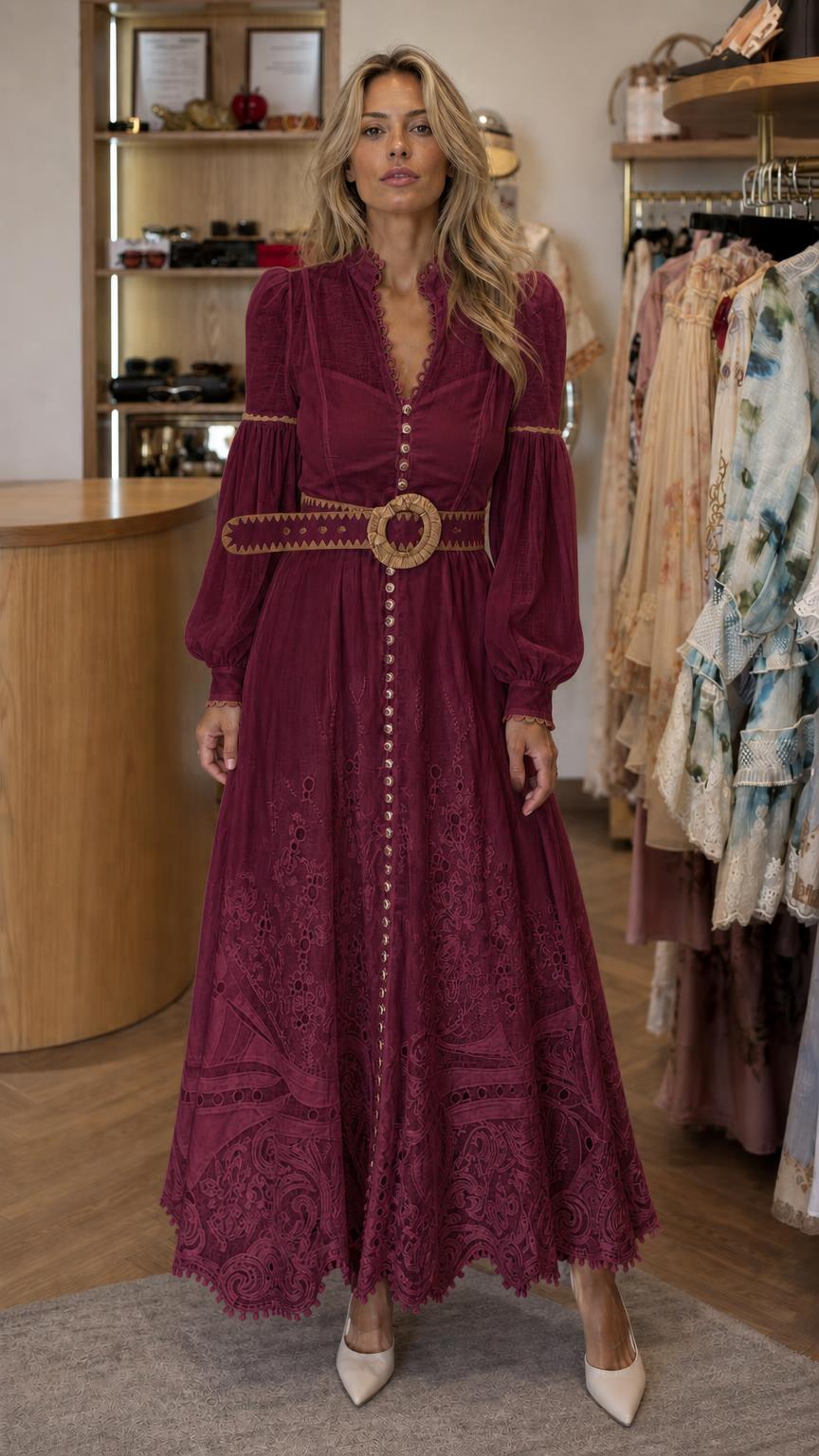 Front view of model wearing burgundy long sleeve maxi dress