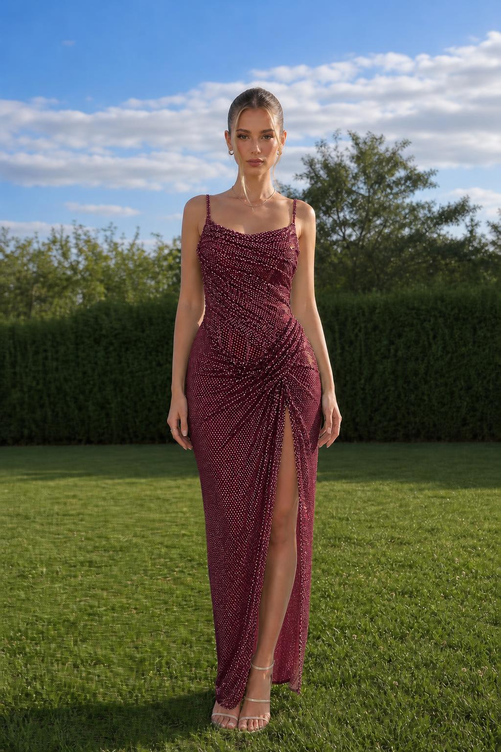 Model wearing burgundy sequin evening dress