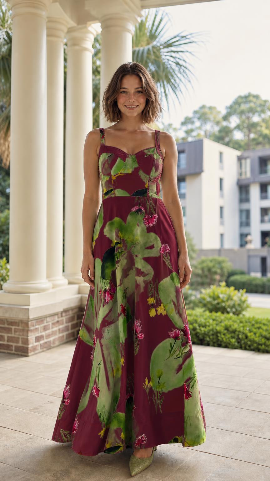 Front view of burgundy color variant with botanical print