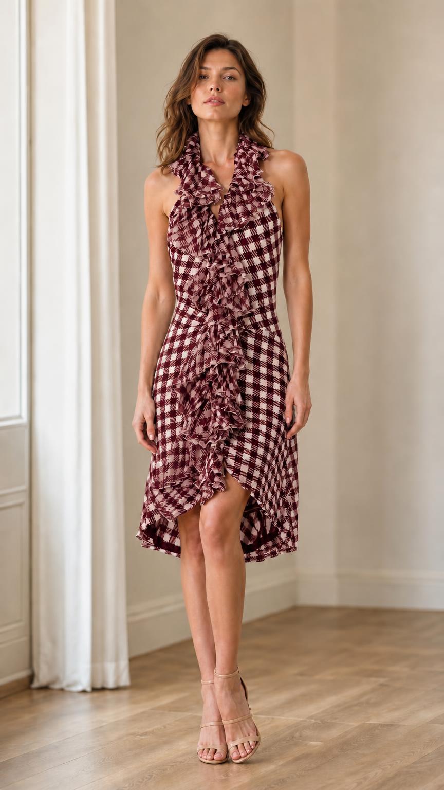 Woman wearing burgundy gingham halter ruffle midi dress