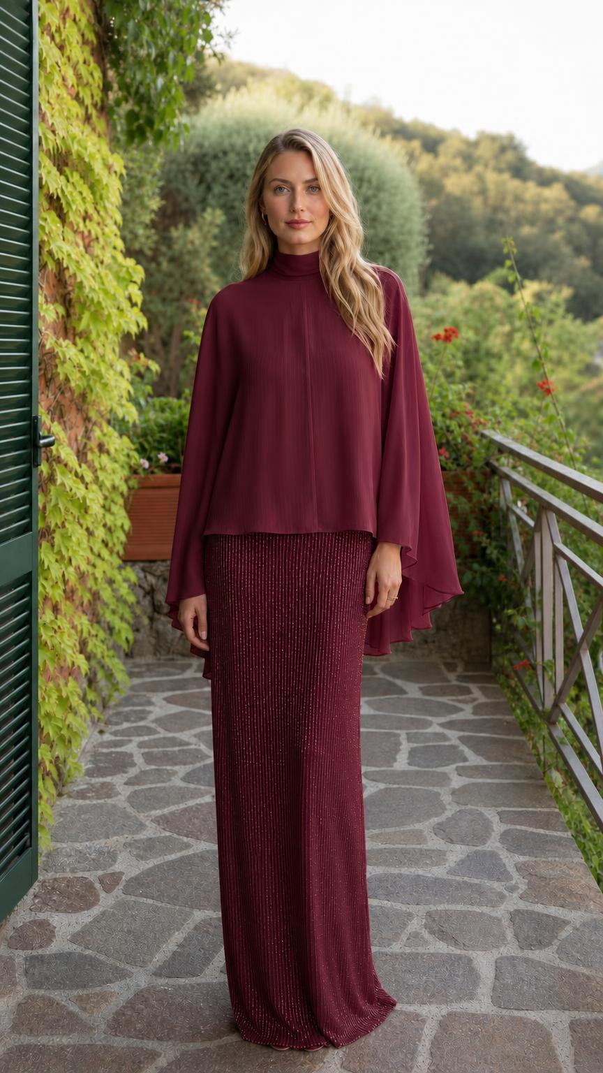 Burgundy cape overlay maxi dress