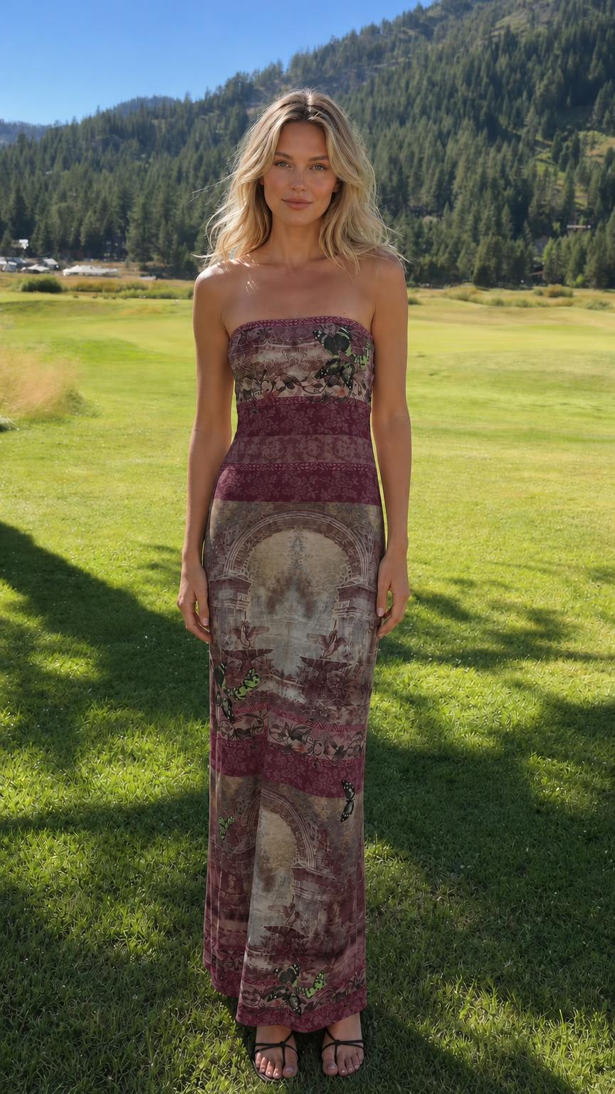 Model wearing burgundy color variant of the strapless maxi dress