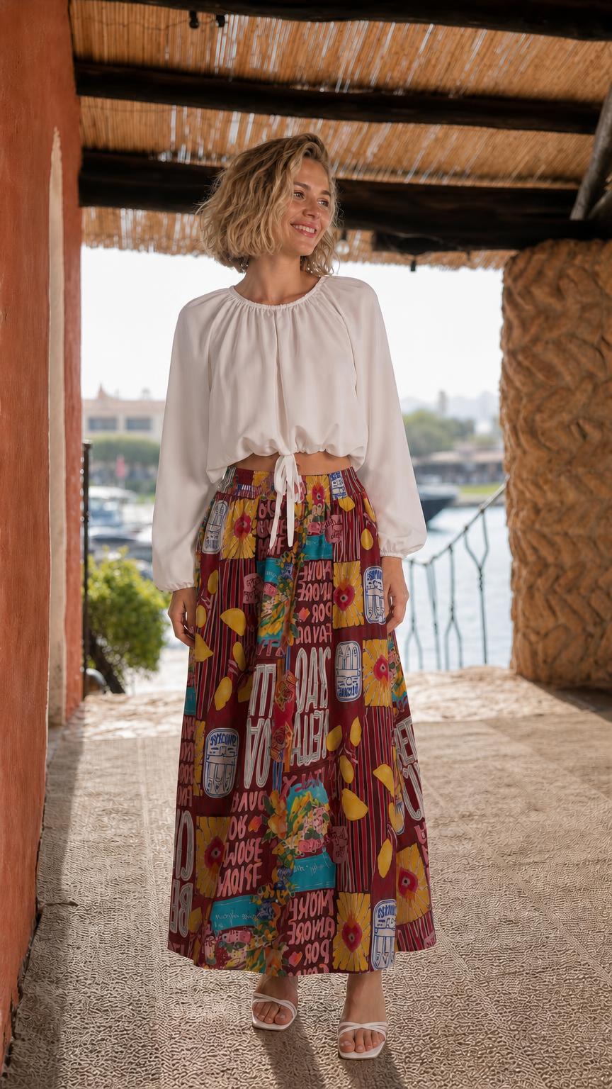 Model wearing white crop top and burgundy multi printed maxi skirt