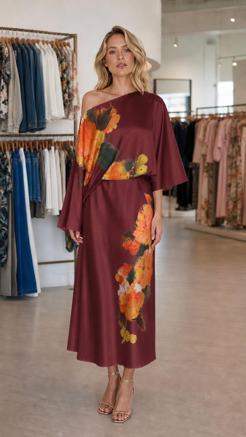 Model wearing burgundy color variant