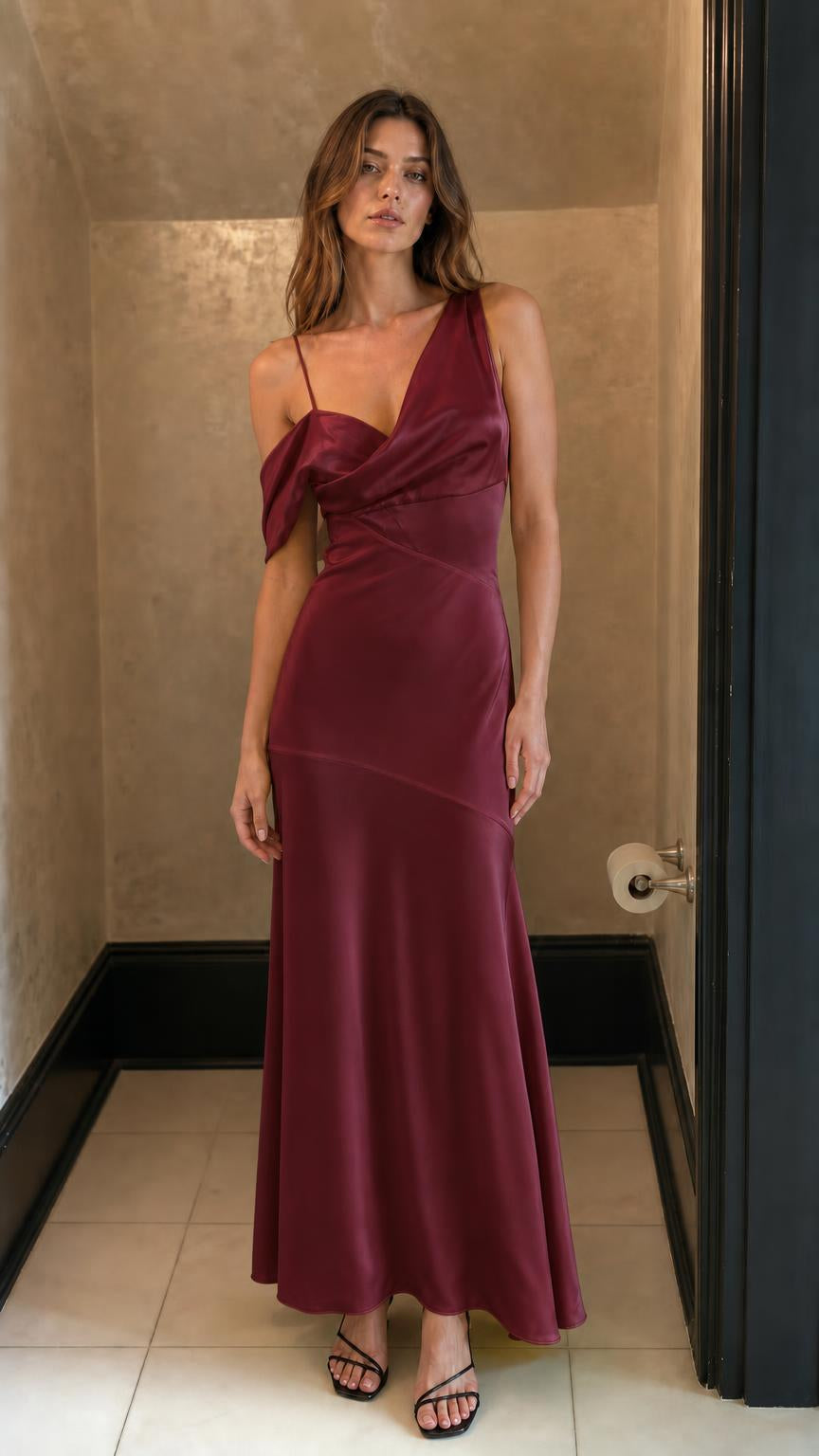 Full length view of woman in burgundy satin maxi dress