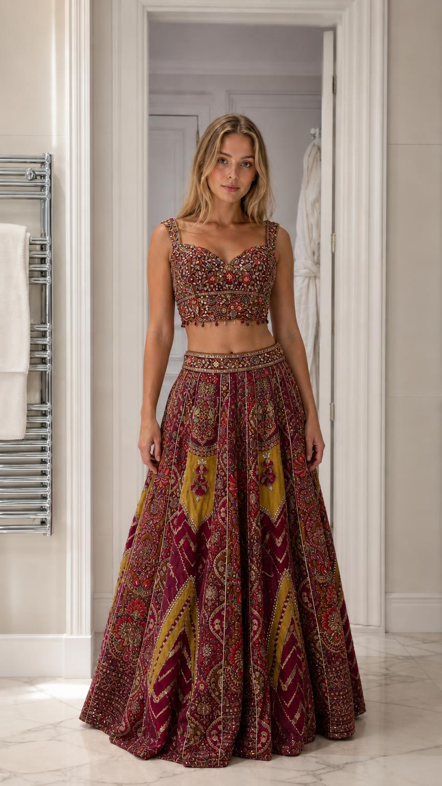 Woman wearing burgundy embroidered crop top and lehenga skirt set