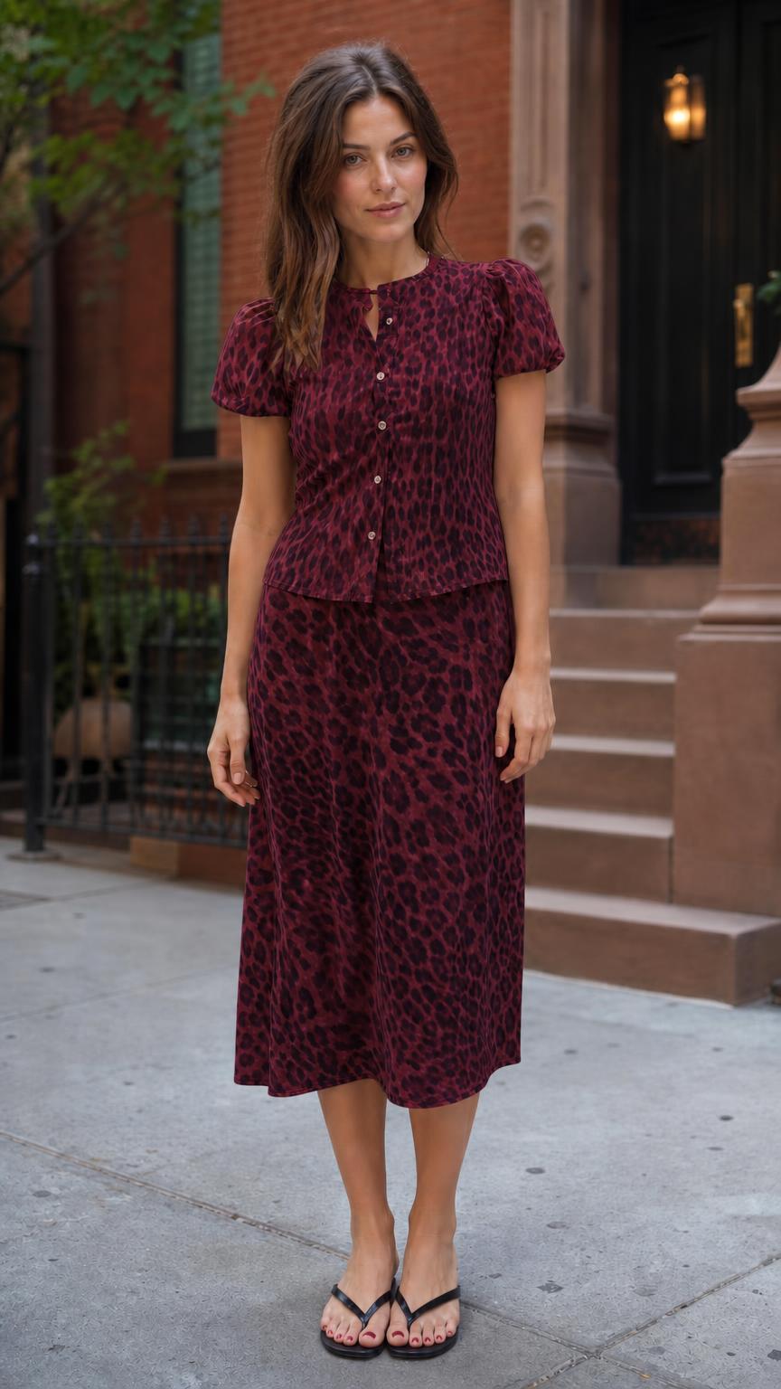Front full view of woman wearing burgundy leopard print matching set