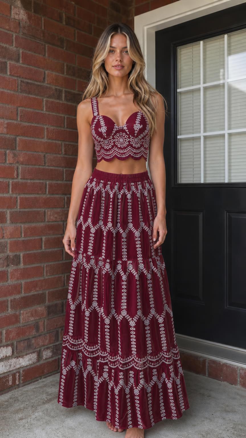 Woman wearing burgundy and white embroidered two-piece set
