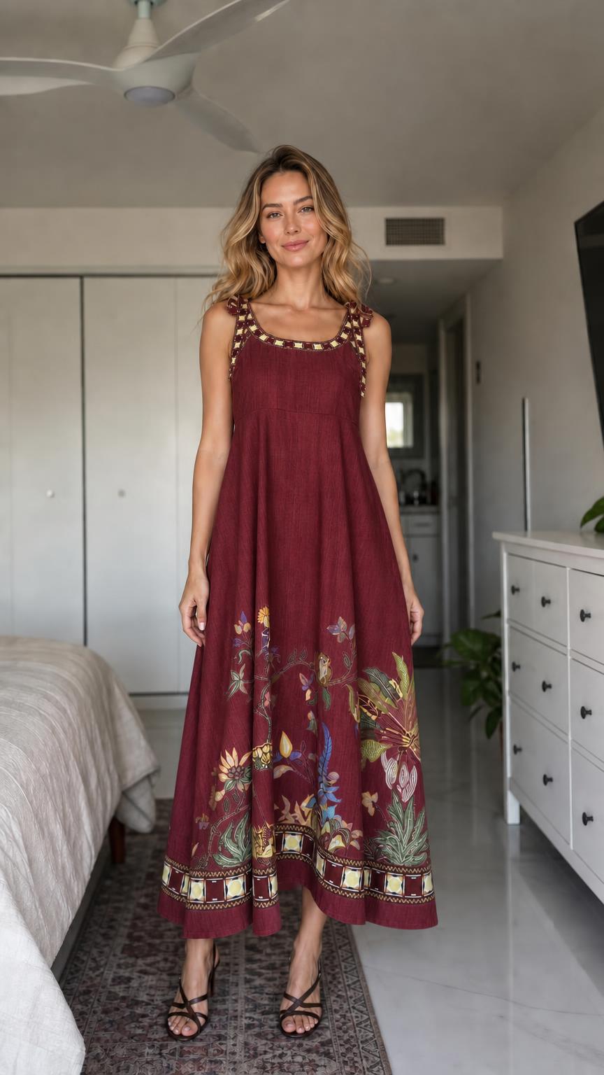 Woman wearing burgundy boho floral embroidered maxi dress