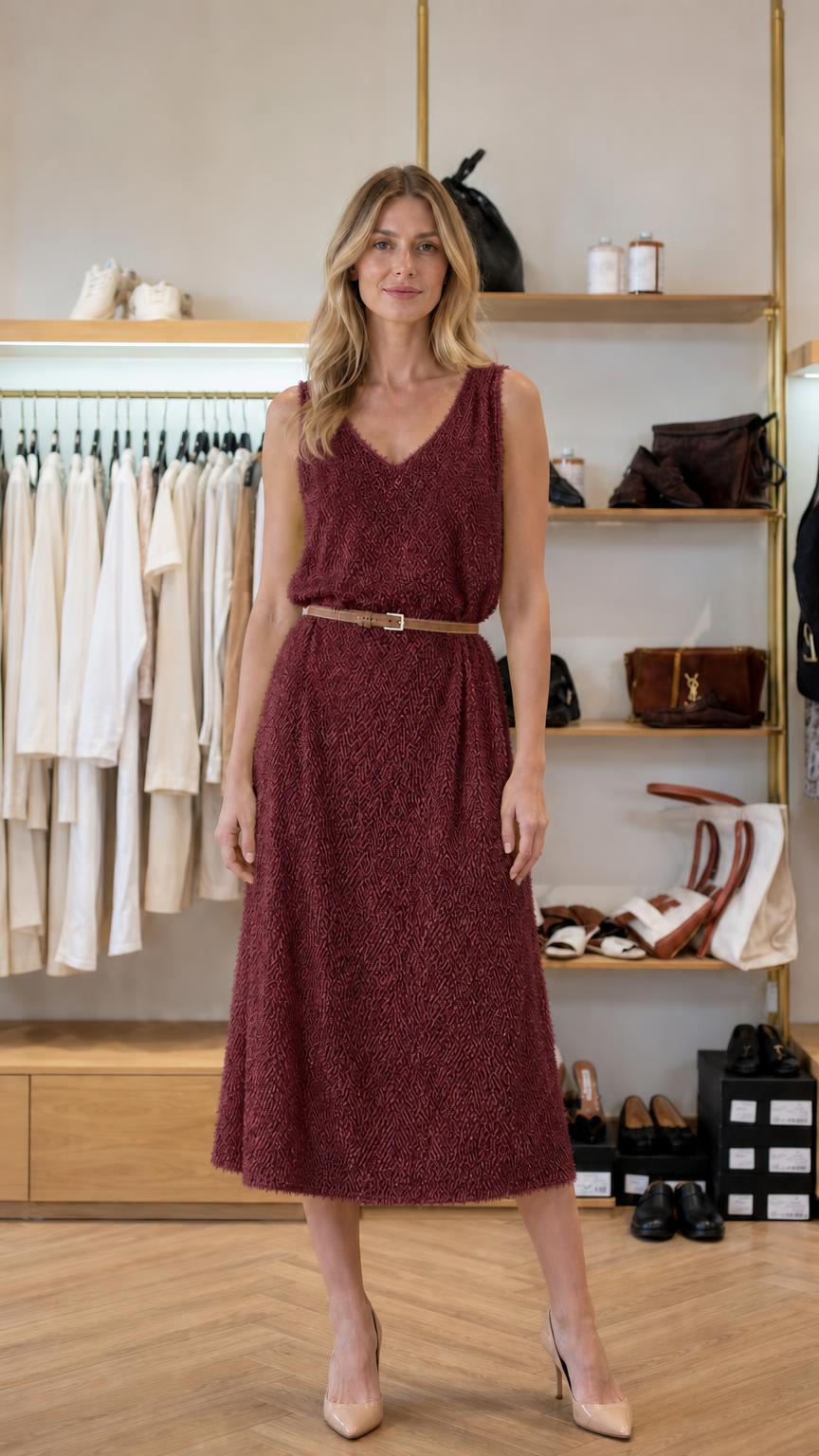 Front view of woman in burgundy textured midi dress