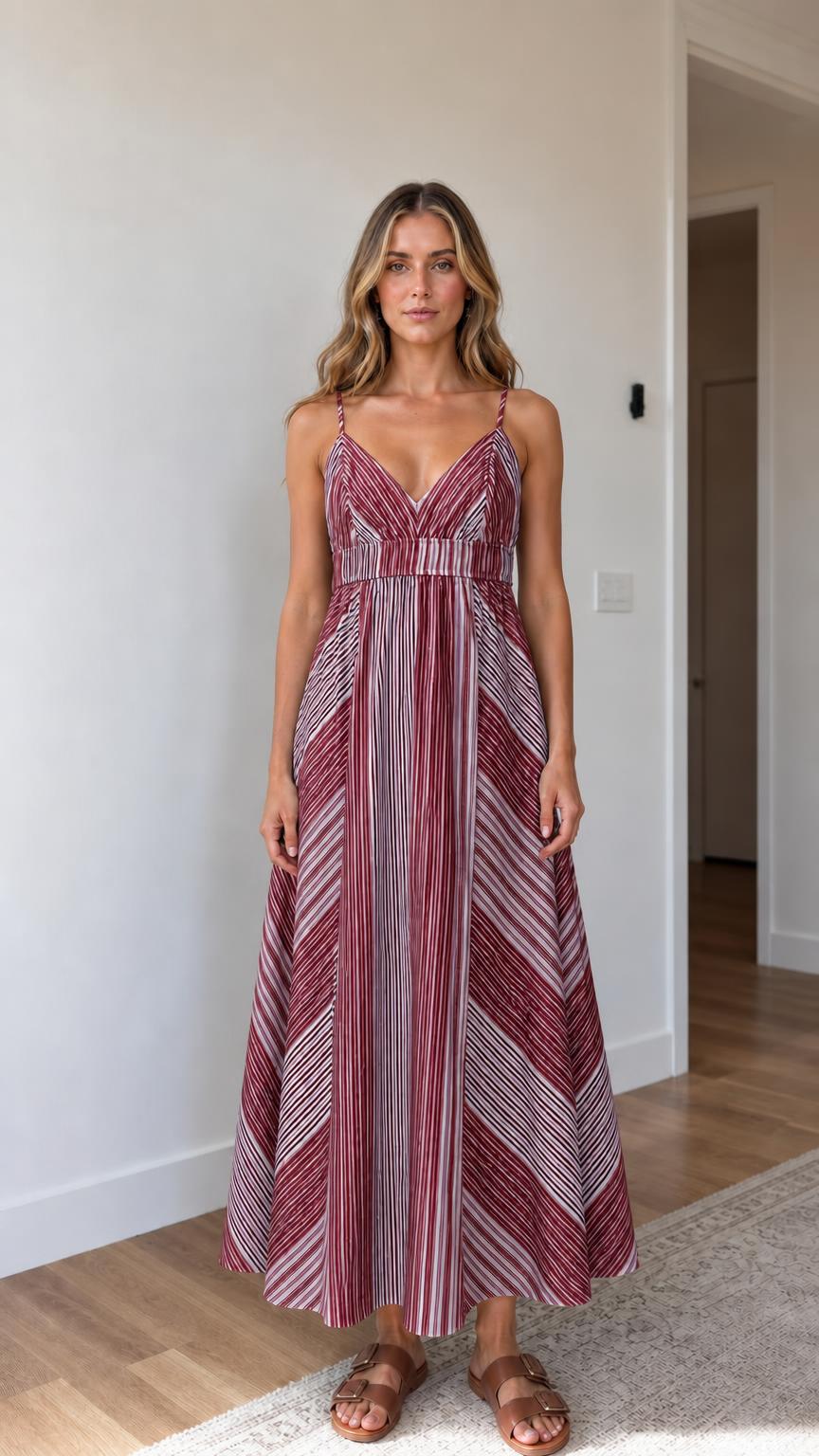 Front view of burgundy striped maxi dress