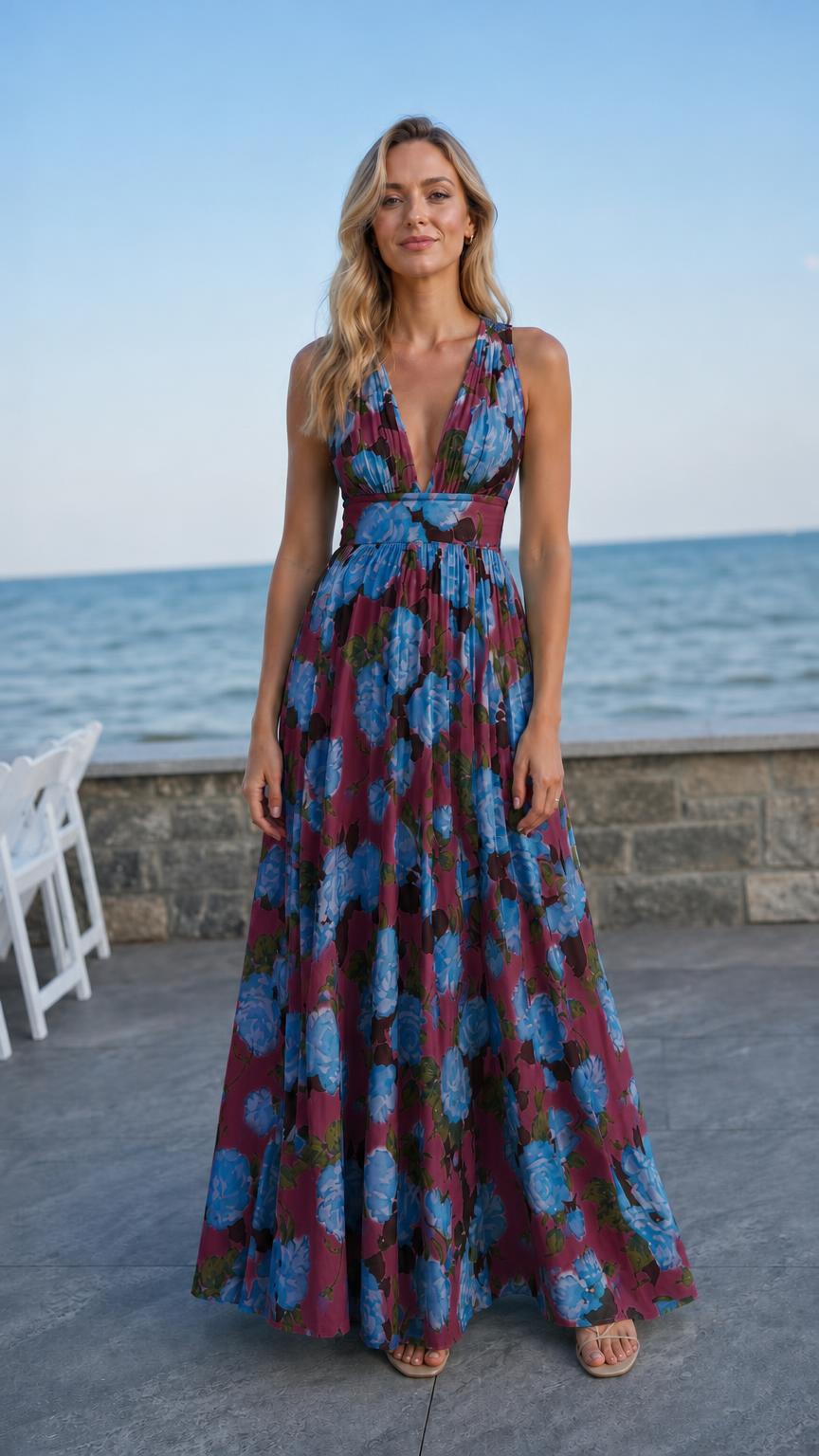 Woman wearing burgundy floral maxi dress variant