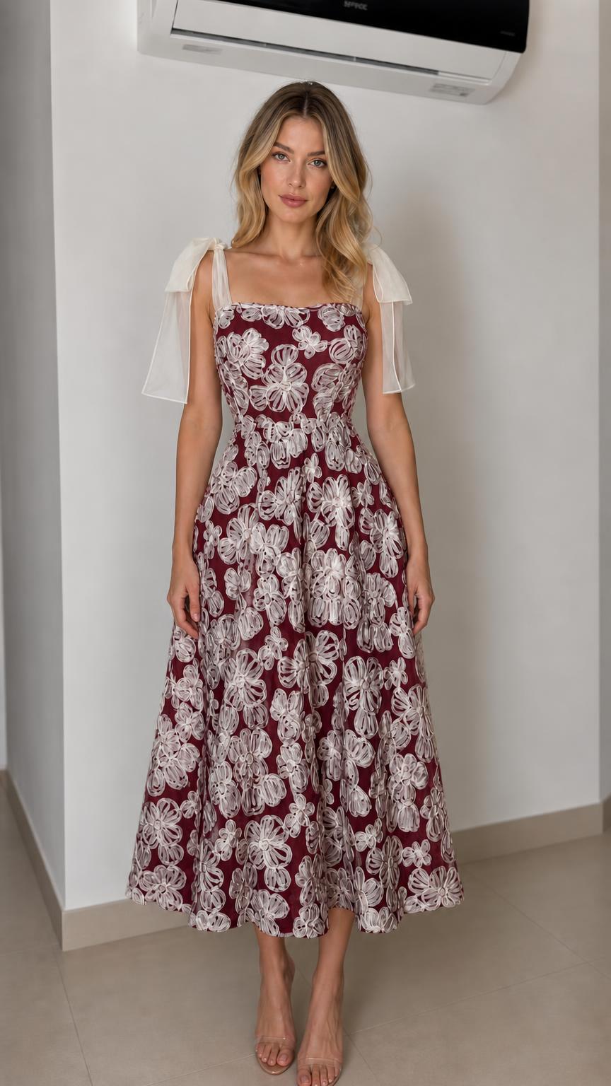 Front view of burgundy floral applique midi dress