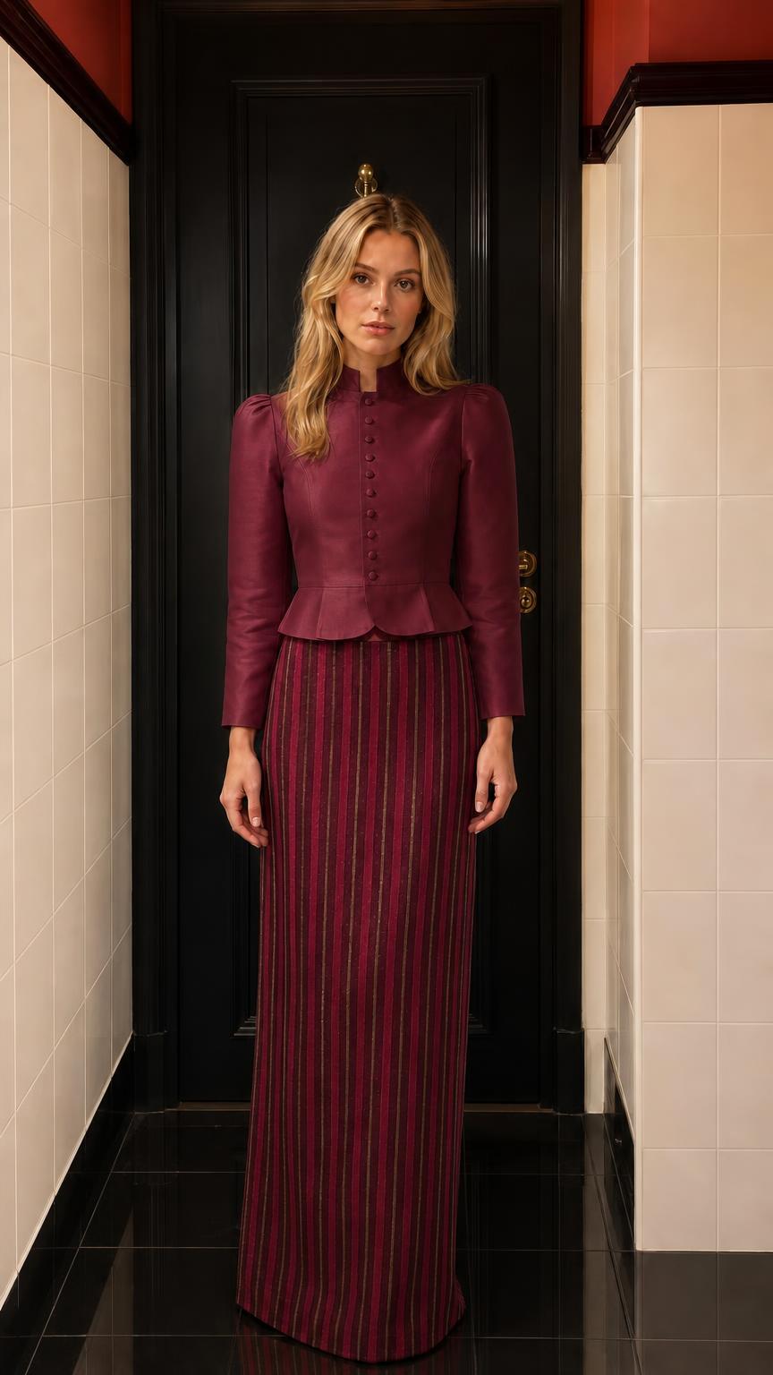 Model wearing burgundy peplum jacket and dark red striped maxi skirt