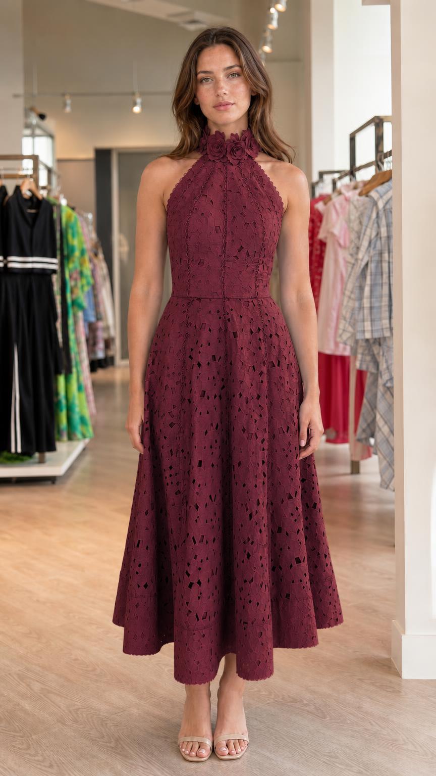 Front view of burgundy halter midi dress