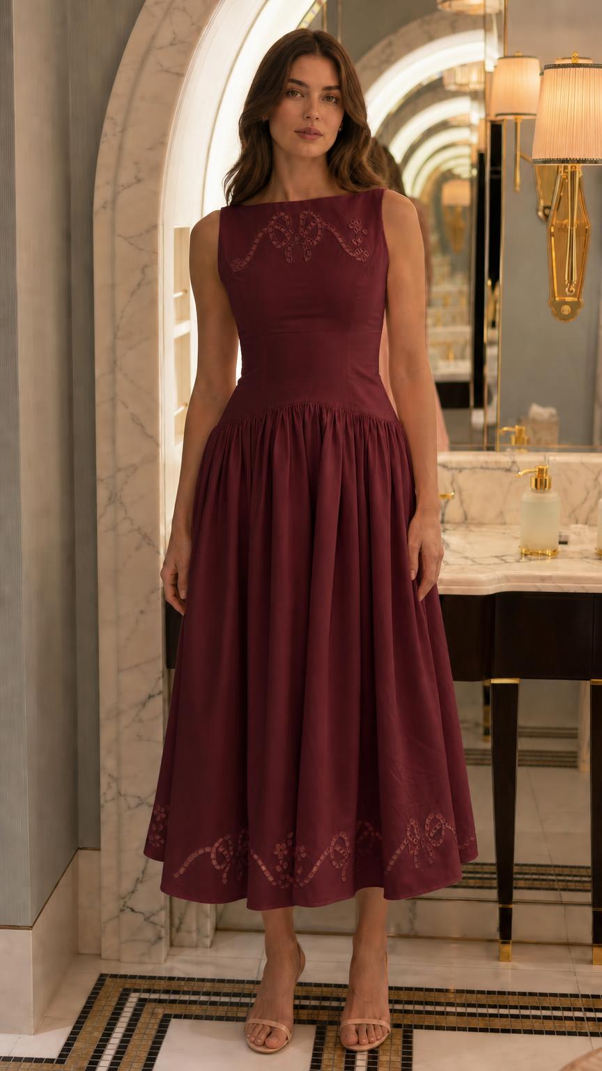 Front view of burgundy embroidered midi dress