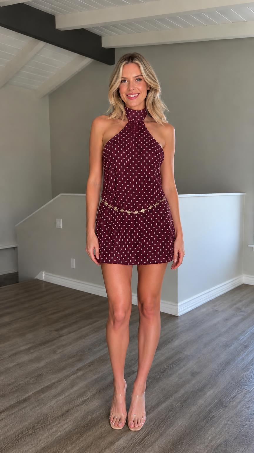 Front view of burgundy polka dot halter mini dress