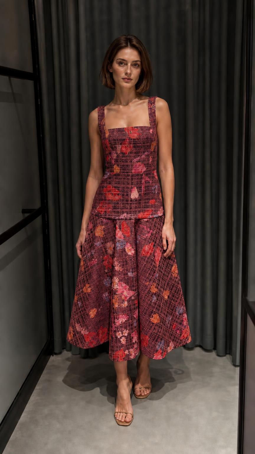 Front view of burgundy floral tweed top and midi skirt set
