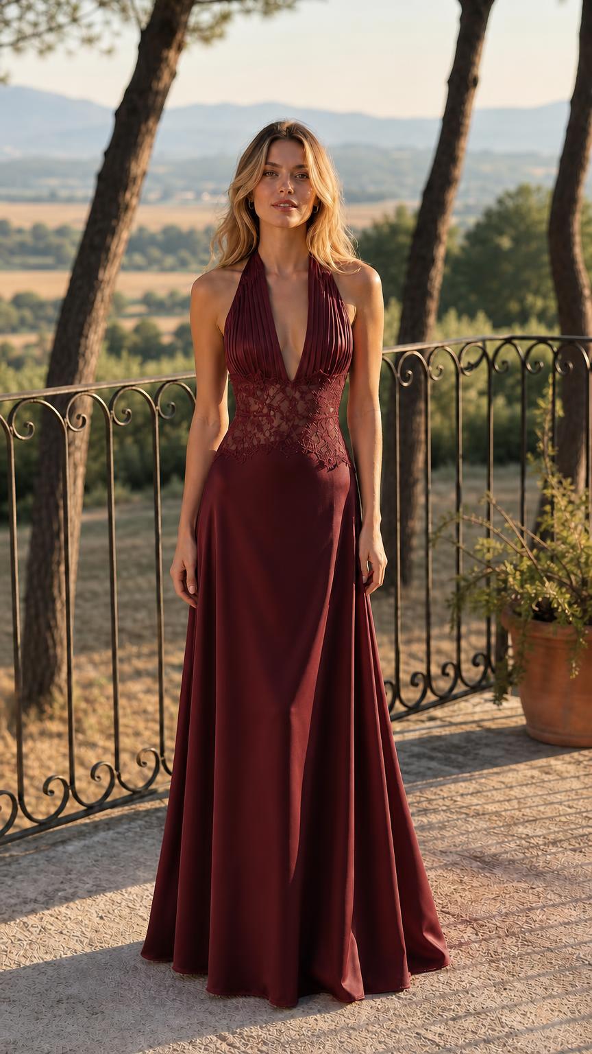 Front view of burgundy halter neck satin maxi dress