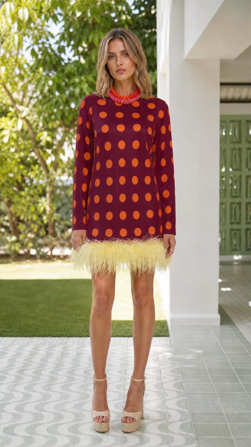 Burgundy polka dot mini dress with feather hem
