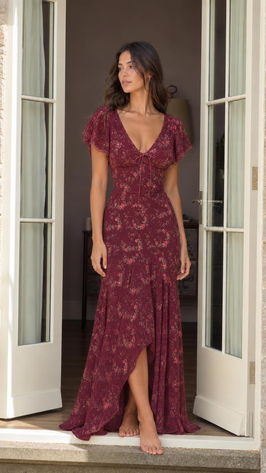 Woman wearing burgundy floral maxi dress