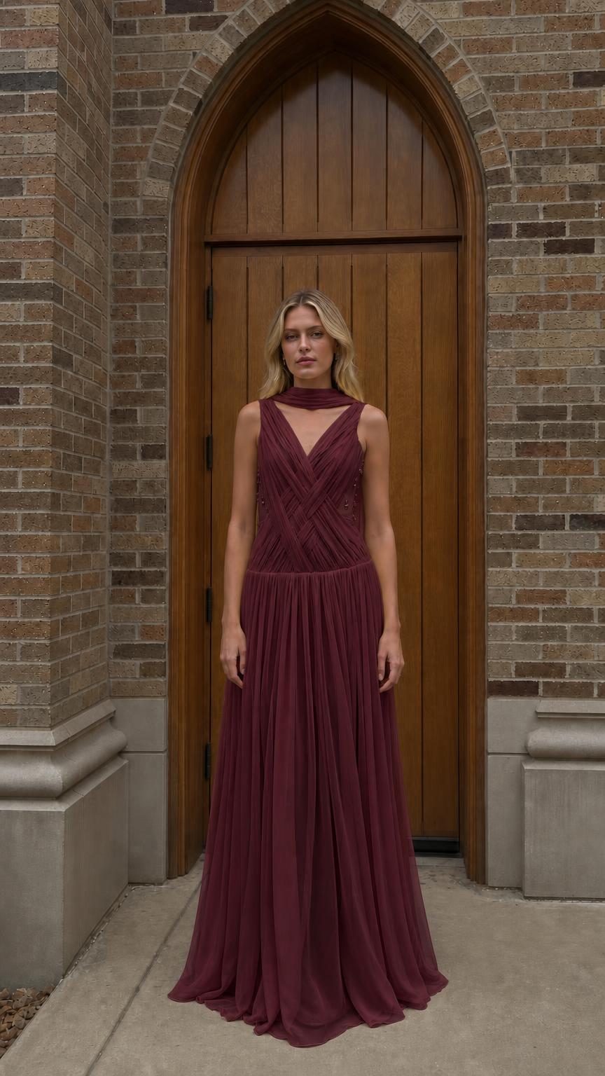 Front view of burgundy evening gown