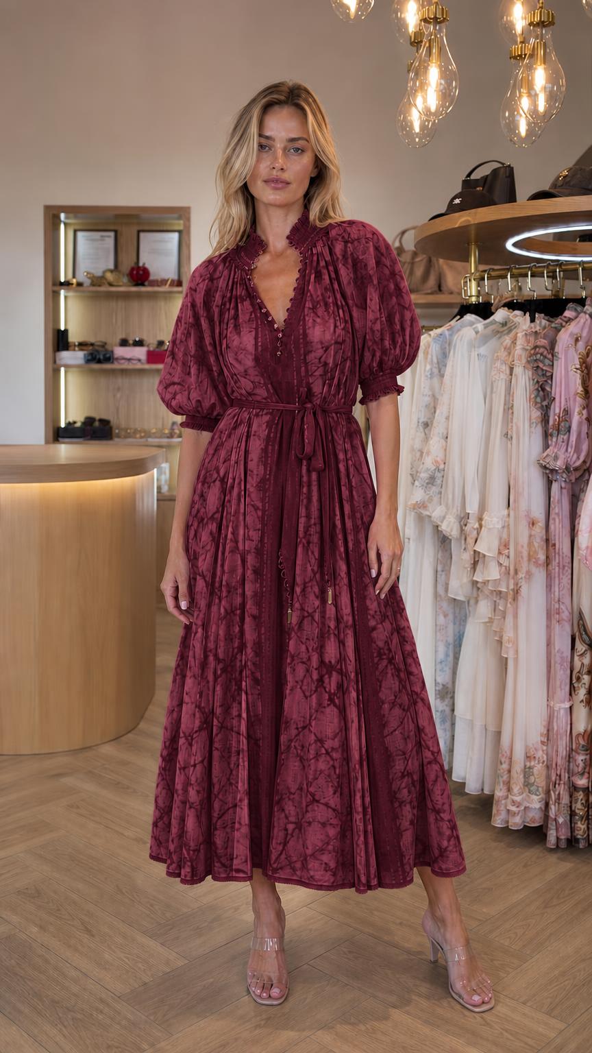 Front view of model wearing burgundy tie dye midi dress