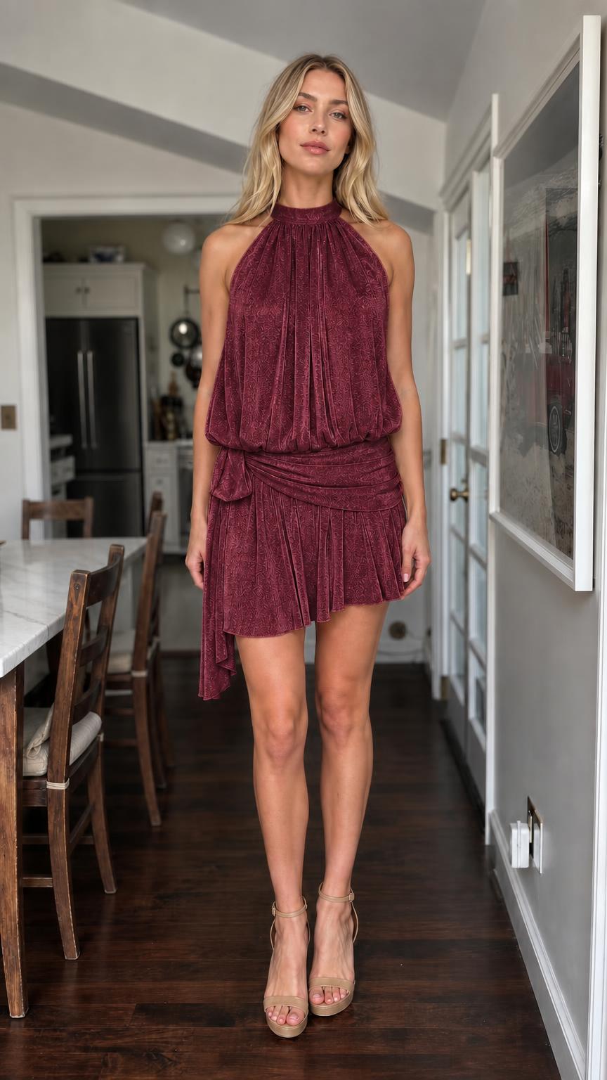 Model wearing burgundy metallic halter mini dress