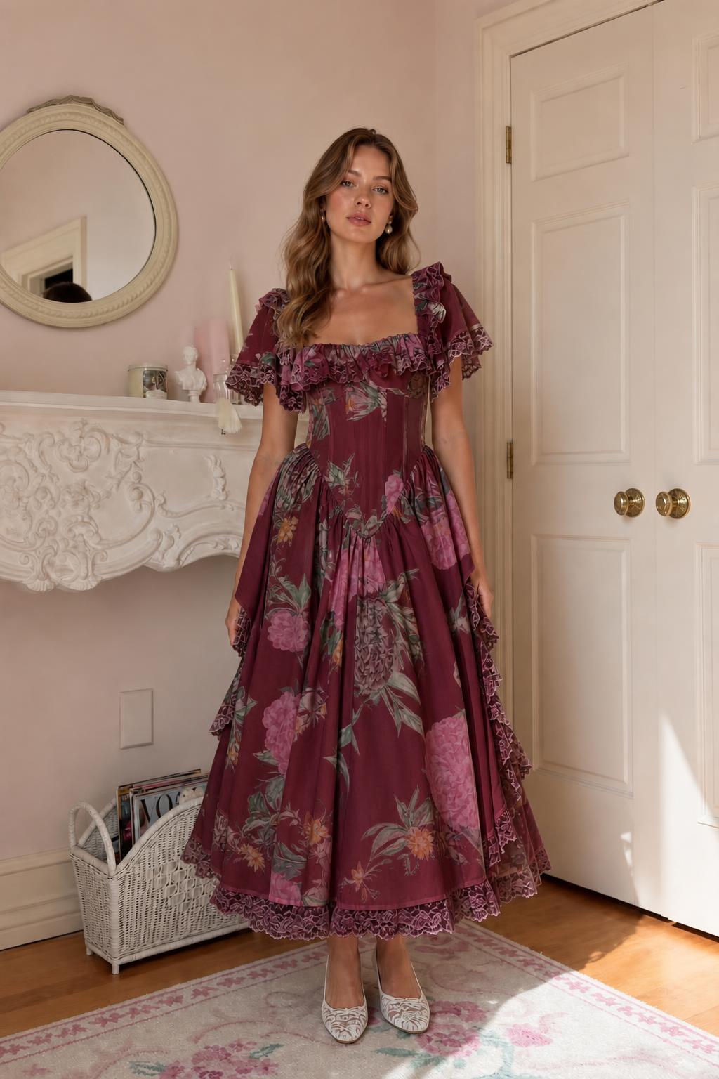 Front view in burgundy floral colorway