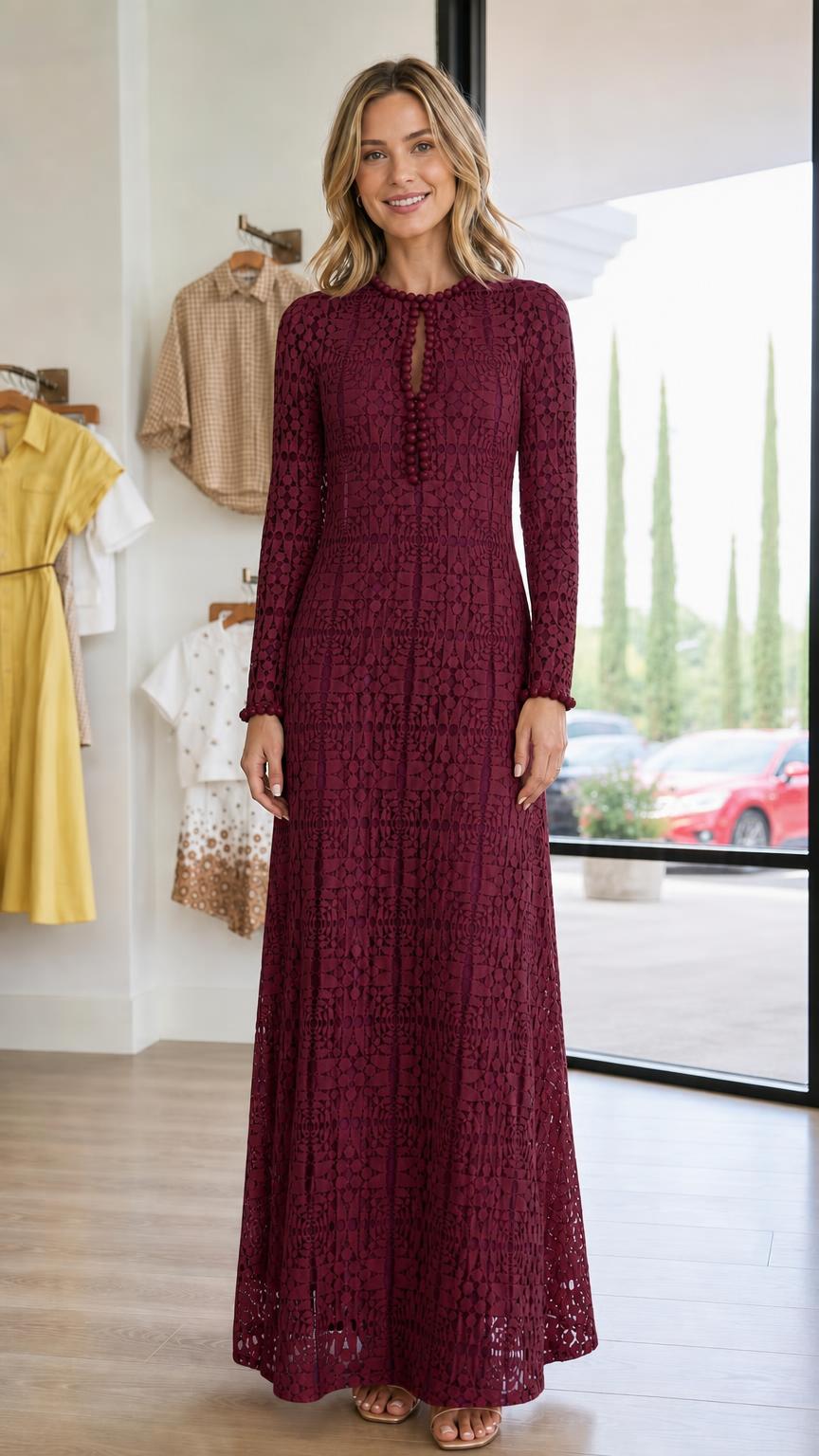 Front view of woman wearing burgundy long-sleeve lace maxi dress