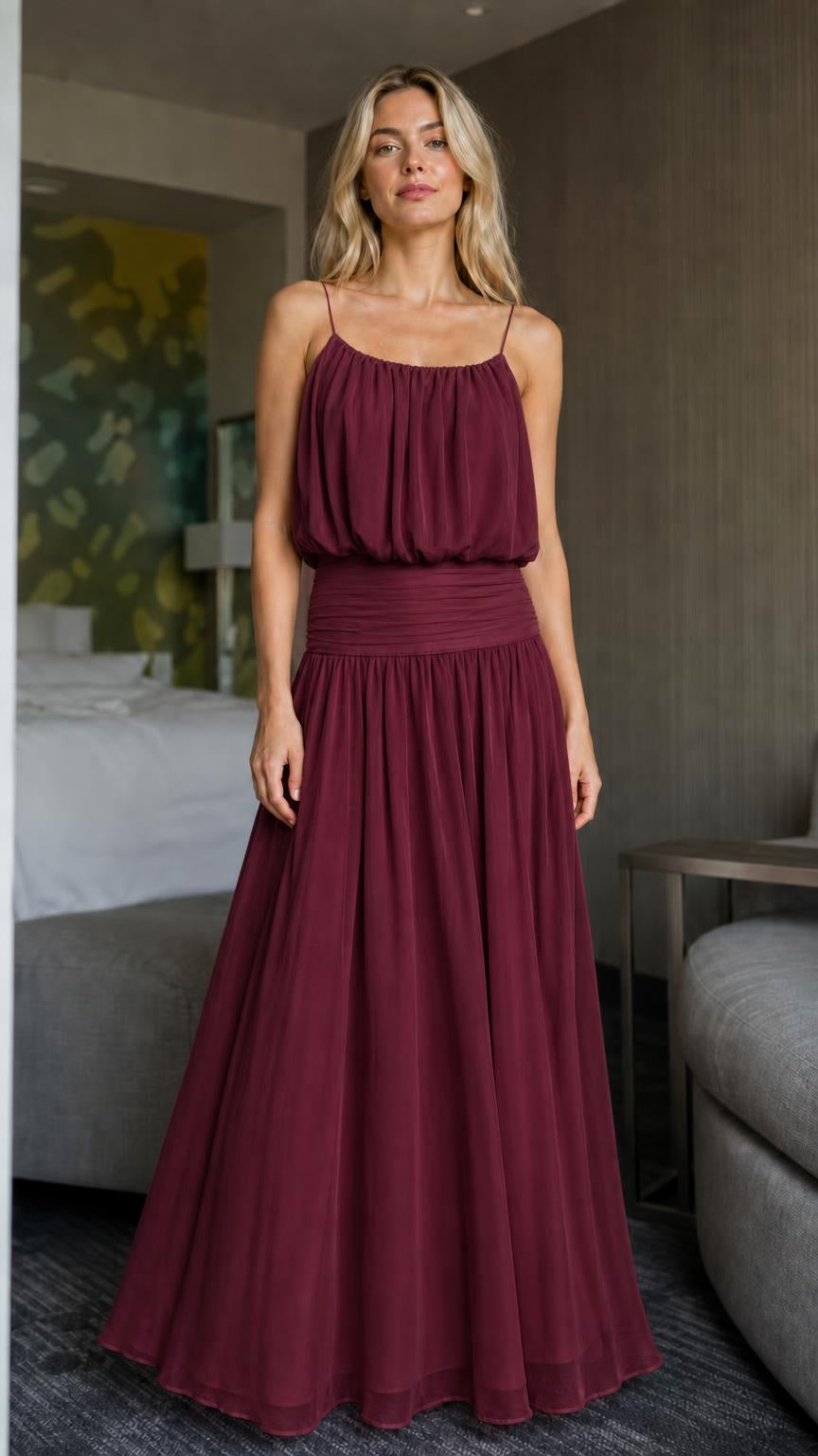 Front view of burgundy formal maxi dress