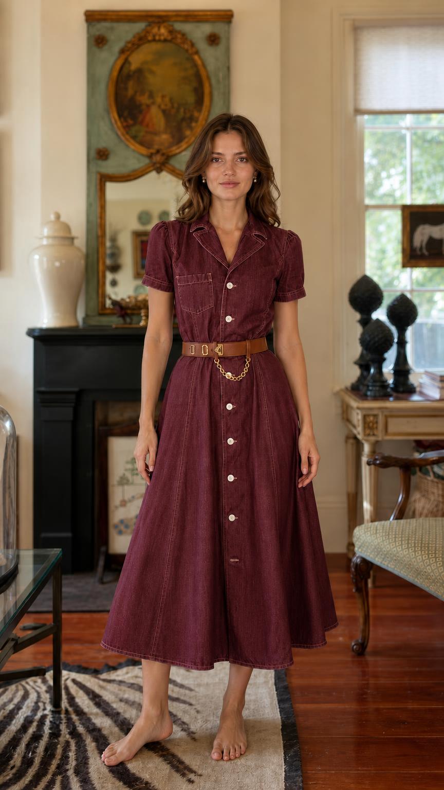 Woman wearing burgundy denim midi shirt dress